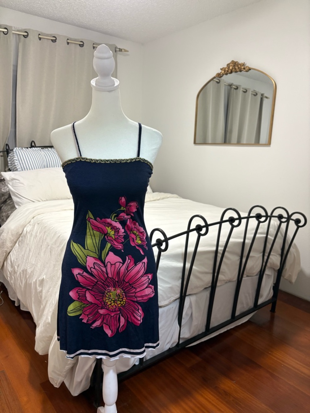 Navy Floral Slip Dress with Pink Bloom